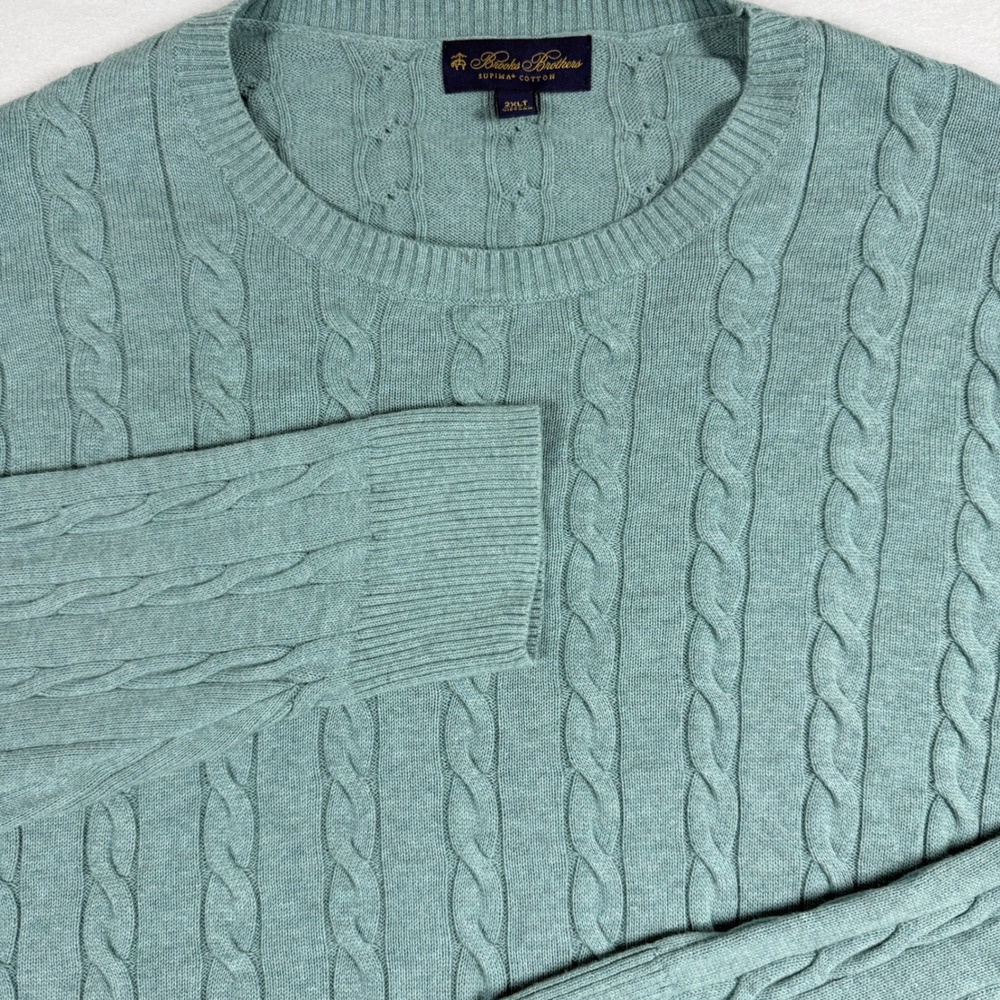 Brooks Brothers Cable Knit Sweater 2XLT Seafoam Green Supima Cotton Mens Tall